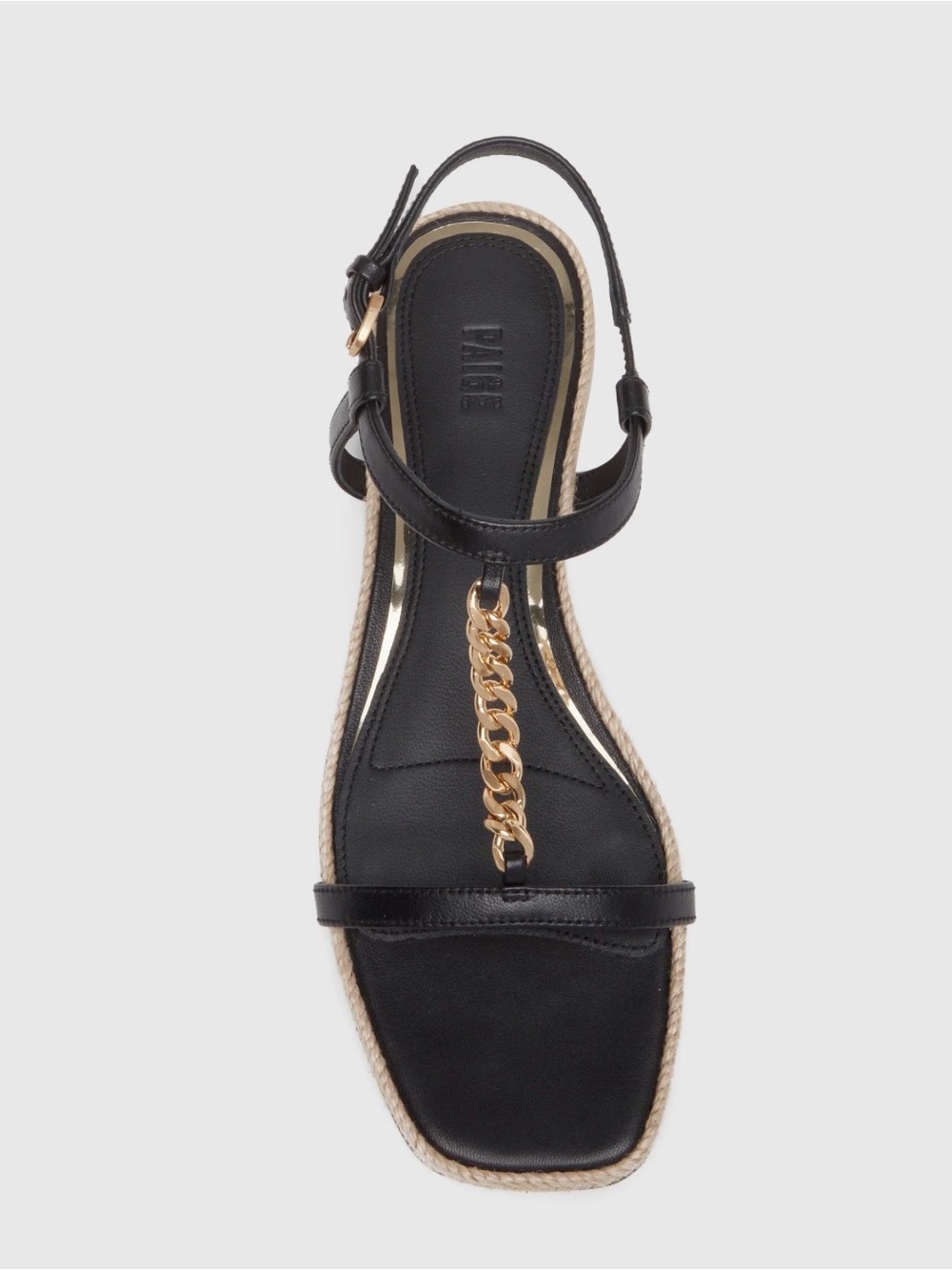 PAIGE Black Leather T-Strap Sandal with Gold Chain Accent - Size 6.5